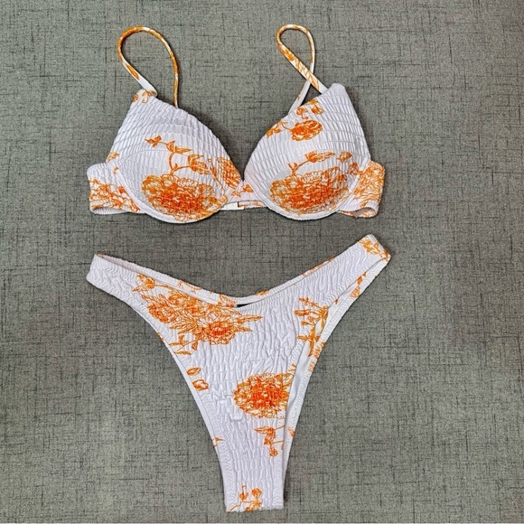 Floral Ruched Two Piece Bikini Set White Orange Tropical Shirred Cheeky Medium - Picture 2 of 9